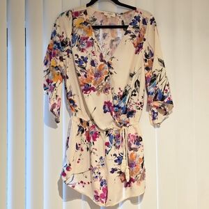 Lush Cream Floral Surplice Tie-Waist Tunic